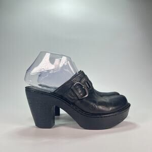 Born Black Leather Buckle Slip On Platform Chunky High Heels Clogs Womens Size 7